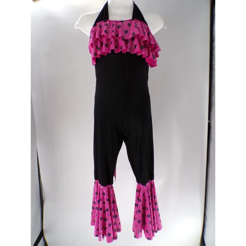 Pre-Owned Dance Costume Leo's  Large Child Pink Jumpsuit Jazz Sequin Disco